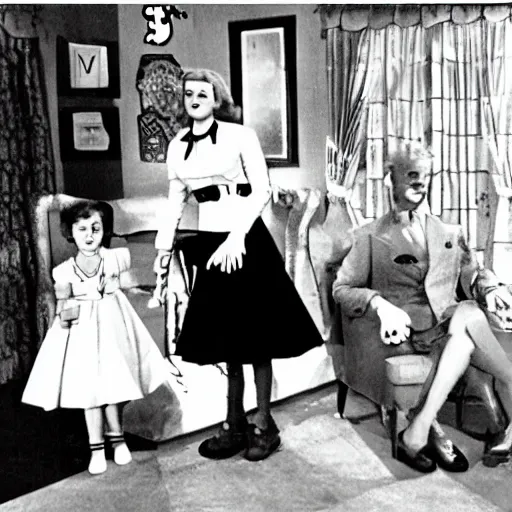 Image similar to Satanic States of America, alternate history, 1950s family, goth family, suburbia, suburban living, Stepford home, sitcom screenshot