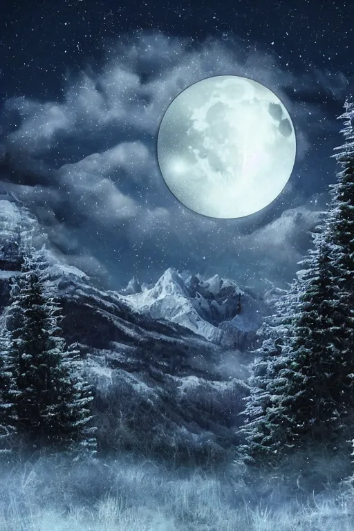 Prompt: digital matte fantasy dreamy mountain scape dark tones snow, crescent moon, wolf, 8 k by alex grey
