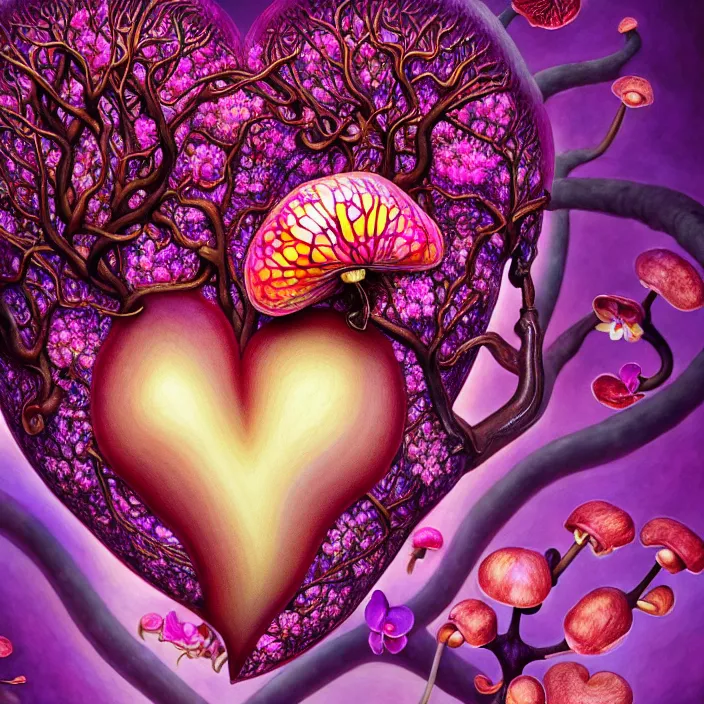 Image similar to extremely psychedelic organic human heart made of orchid and cherry blossom tree and mushroom, LSD heart, diffuse lighting, fantasy, intricate, elegant, highly detailed, lifelike, photorealistic, digital painting, artstation, illustration, concept art, smooth, sharp focus, art by John Collier and Albert Aublet and Krenz Cushart and Artem Demura and Alphonse Mucha