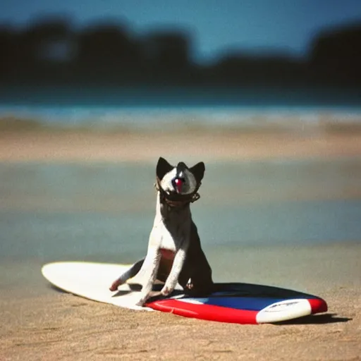 Prompt: 1990s Polaroid photo of a dog wearing sunglasses on a surfboard at the beach, vibrant, vignette, grain noise, 35mm