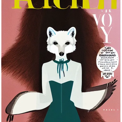 Image similar to fashion magazine cover, featuring anthropomorphic Arctic Fox dressed formally