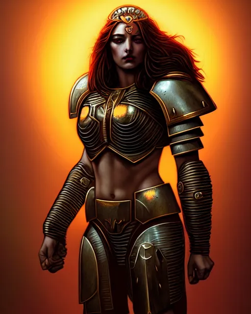 Image similar to stunningly beautiful warrior queen, full body, intricate impractical female space marine armor, digital art, middle shot, cinematic lighting, studio quality, symmetrical eyes, artgerm, joshua middleton, rafael albuquerque, cyberpunk lighting, art style by klimt, nixeu and ian sprigger and wlop and krenz cushart