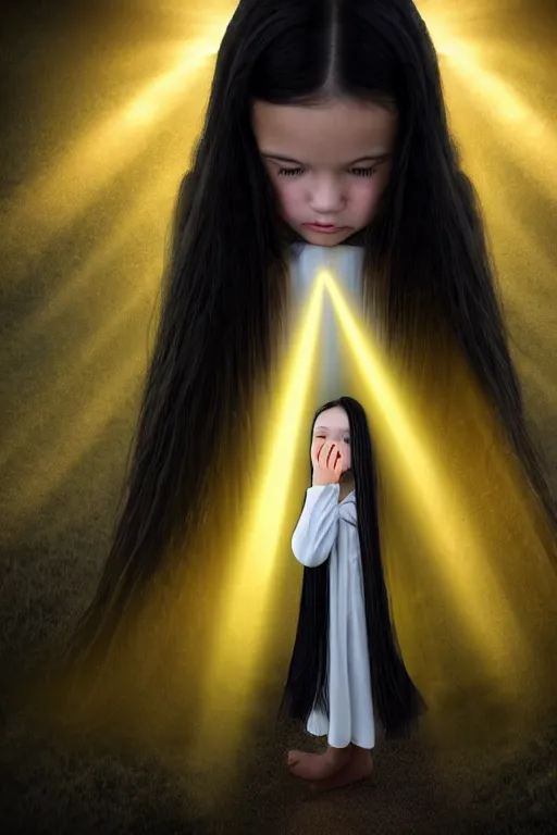 Image similar to a young girl with long black hair and chequered!! robe!! is watching a storm inside a symmetrical fantasy crystal. atmospheric, 4 k, highly detailed. surrounded by golden rays of light