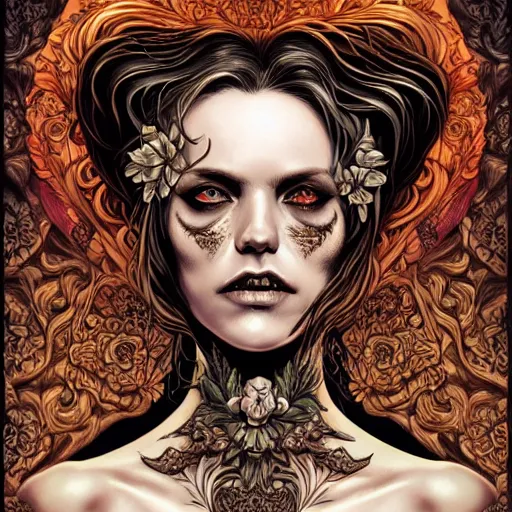 Prompt: a beautiful detailed front view portrait of a rotten corpse woman with ornate growing around morphing into skull, ornamentation, flowers, elegant, beautifully lit, artgerm, joshua middleton comic cover art,
