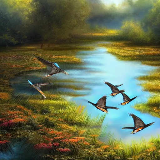 Image similar to swallows flying above a beautiful pond. Artwork, artstation, highly detailed