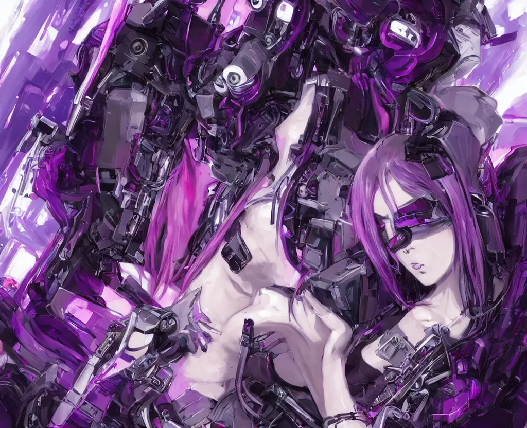 Image similar to A beautiful painting of a cyberpunk anime girl with purple hair and an a huge robot arm sensual stare, Trending on artstation. augmentations and cybernetic enhancements neon circuits, , futuristic, blade runner, detailed, intricate, elegant, highly detailed, digital painting, artstation, concept art, smooth, sharp focus, akira style illustration, art by Krenz Cushart and Artem Demura and Alphonse Mucha ❤️‍🔥 🔥 💀 🤖 🚀