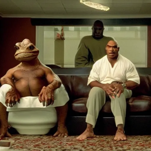 Prompt: a giant toad sitting with mike tyson in a room, realistic still from the movie the big lebowski by the coen brothers, 8 h