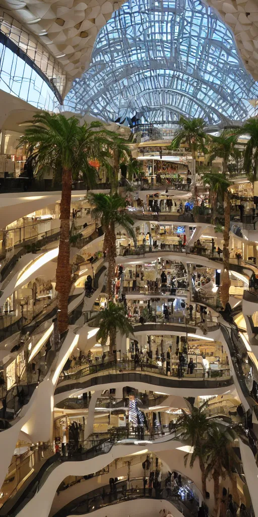 Prompt: interior of the luxery shopping mall in the rainforest river city in the negev desert