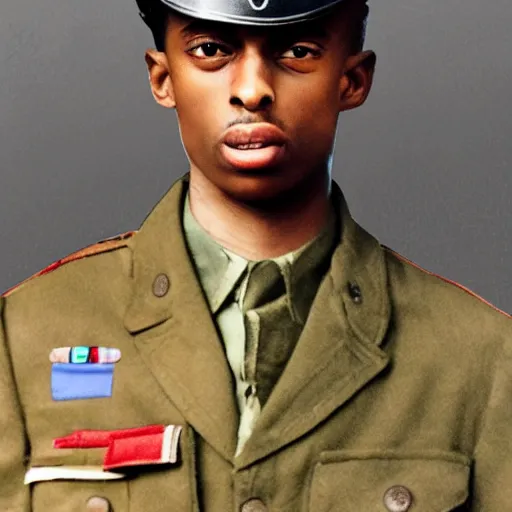 Prompt: playboi carti as a german world war ii soldier captured on a old camera 4 k detailed super realistic