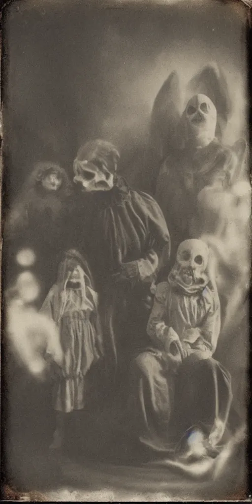 Prompt: spirit photography with glowing bulbous ectoplasm, scary shadow people, sleep paralysis demon, 1 9 0 0 s, slimer, mourning family, invoke fear and dread, old photograph, daguerreotype