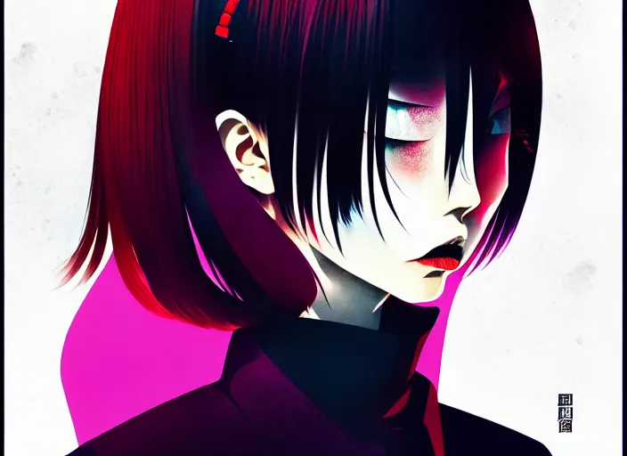 Image similar to editorial illustration by Karolis Strautniekas and Mads Berg, colorful, anime portrait vampire princess miyu, katsuhiro otomo, manga, Ilya kuvshinov,fine texture, manga shading, fine details, matte colors, film noir, dramatic lighting, dynamic composition, moody, vivid, volumetric,Narumi Kakinouchi