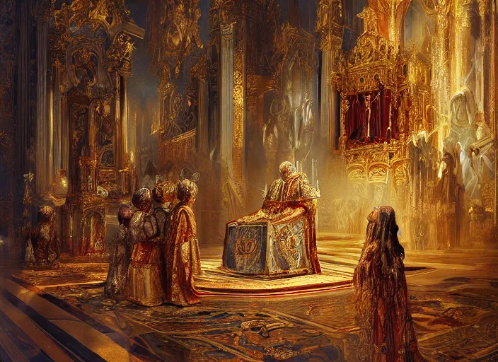 Image similar to kneeling before the pope, royal robe, gold trim, light effect, hyper detailed, intricate, atmospheric, elegant, photorealistic by paul lehr, marco mazzoni, featured on cgsociety, rococo, whimsical, artstation