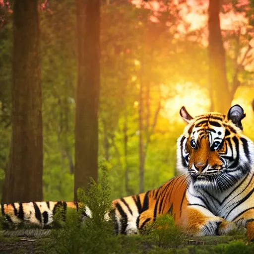 Prompt: a tiger in a beautiful forest at sunset