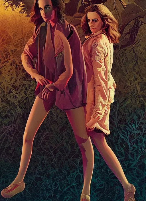 Image similar to poster artwork by Michael Whelan and Tomer Hanuka, Karol Bak Emma Watson and Kiernan Shipka in beauty pageant, from scene from Twin Peaks, clean