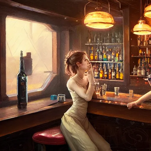 Image similar to highly detailed painting of emma watson drunk in a bar, stephen bliss, 8 k, by greg rutkowski, loish, rhads, artgerm, ferdinand knab, makoto shinkai and lois van baarle, ilya kuvshinov, rossdraws, global illumination, radiant light, detailed and intricate environment