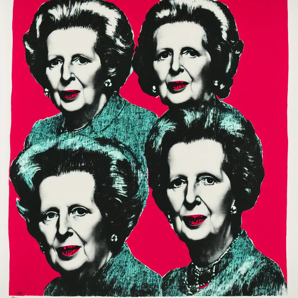 Image similar to individual silk screen portrait of margaret thatcher by andy warhol