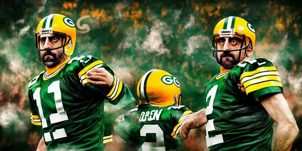 Prompt: Aaron Rodgers drinking ayahuasca on the sidelines of Lambeau Field, cgsociety, artstation, cinematic