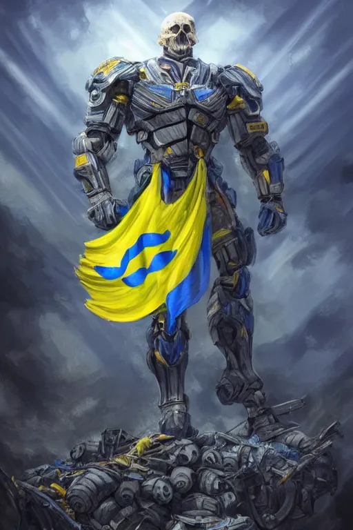 Image similar to a full body shot from distance of a super soldier with a Ukrainian blue and yellow stripes flag standing in the beam of light from the clouds on a pile of skulls and rotten cars as a winner, masculine figure, D&D, fantasy, intricate, elegant, highly detailed, digital painting, artstation, concept art, matte, sharp focus, symmetrical, illustration, hyperrealistic, super realistic art by Artgerm and Greg Rutkowski and Alphonse Mucha