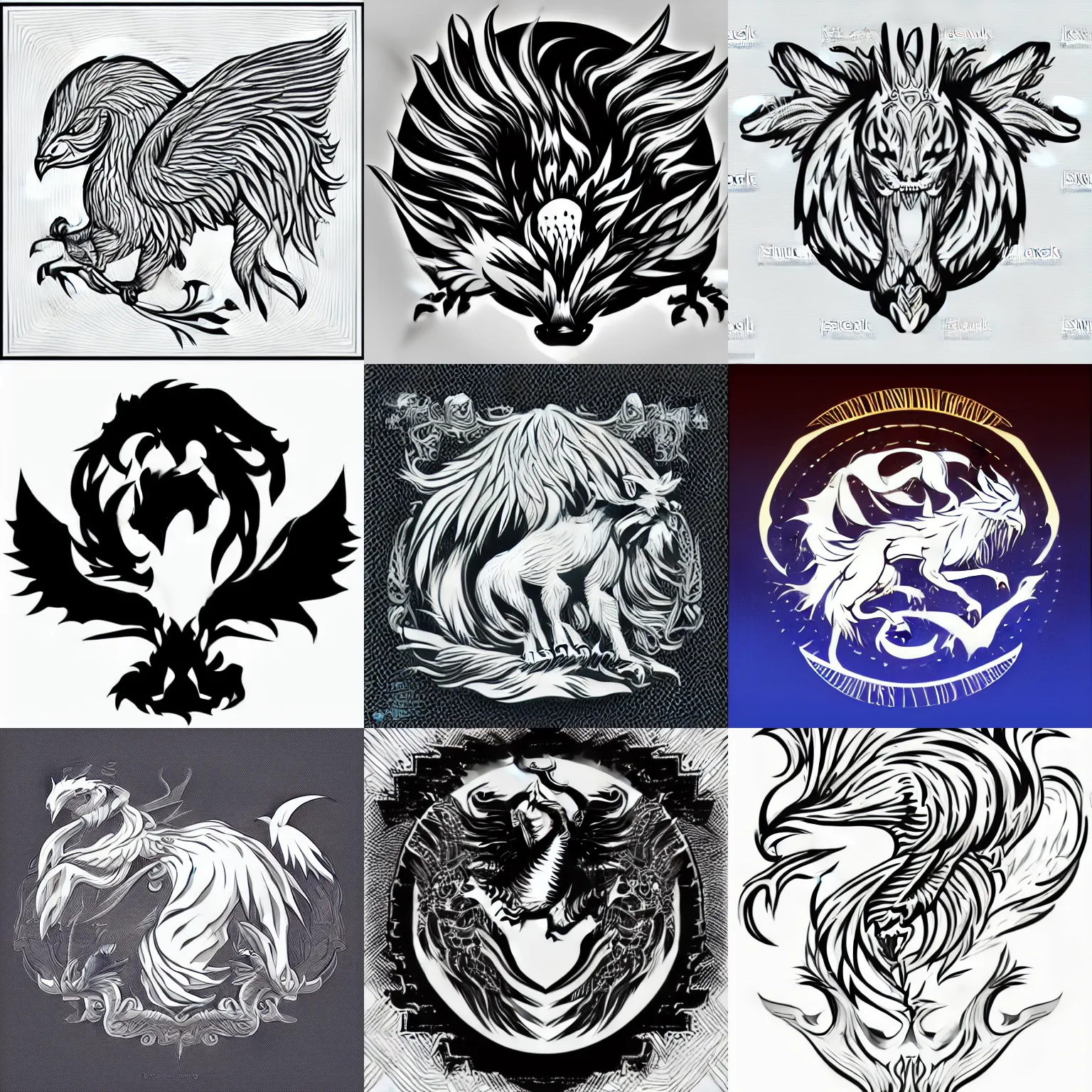 Prompt: a mythical creature, griffin-like style, 2d solid shape logo, clean and neat, black and white color only, vector art, less detailing