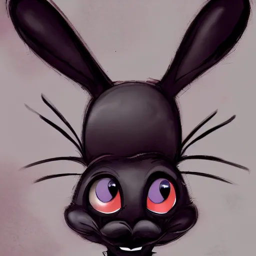 Image similar to A extremely highly detailed majestic hi-res beautiful, highly detailed head and shoulders portrait of a scary terrifying, horrifying, creepy black cartoon rabbit with scary big eyes, earing a shirt laughing, hey buddy, let's be friends, in the style of Walt Disney animation