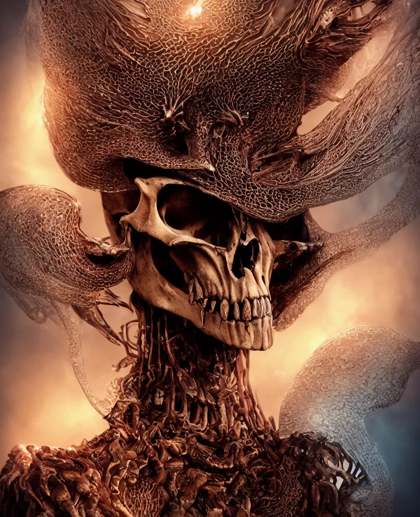 Image similar to close-up macro portrait of the face of a beautiful princess with animal skull mask, epic angle and pose, ribcage bones symmetrical artwork, 3d with depth of field, blurred background, cybernetic jellyfish female face skull phoenix bird, translucent, nautilus, energy flows of water and fire. a highly detailed epic cinematic concept art CG render. made in Maya, Blender and Photoshop, octane render, excellent composition, cinematic dystopian brutalist atmosphere, dynamic dramatic cinematic lighting, aesthetic, very inspirational, arthouse. y Greg Rutkowski, Ilya Kuvshinov, WLOP, Stanley Artgerm Lau, Ruan Jia and Fenghua Zhong