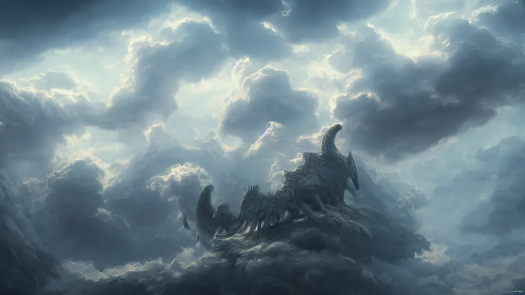 Prompt: A dragon made of clouds, concept art, matte painting, 8k, highly detailed, artstation, fluffy clouds, high quality,