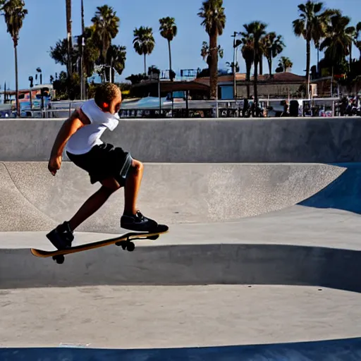 Image similar to skater wearing nike sb dunks doing a kickflip at the venice beach skatepark