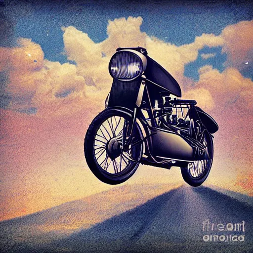 Image similar to a vintage motorcycle being ridden into the stratosphere, digital art