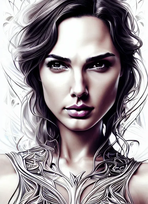 Prompt: sexy gal gadot portrait art nouveau fantasy intricate flower designs elegant highly detailed sharp focus art by artgerm pours the water into the river soul care nature peace galaxies female black line fractal glow