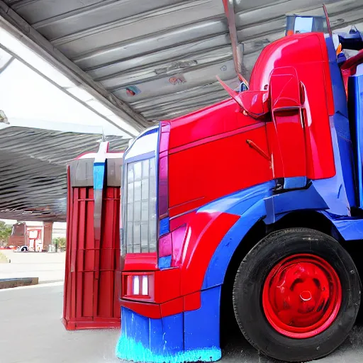 Prompt: Optimus prime working in a local carwash