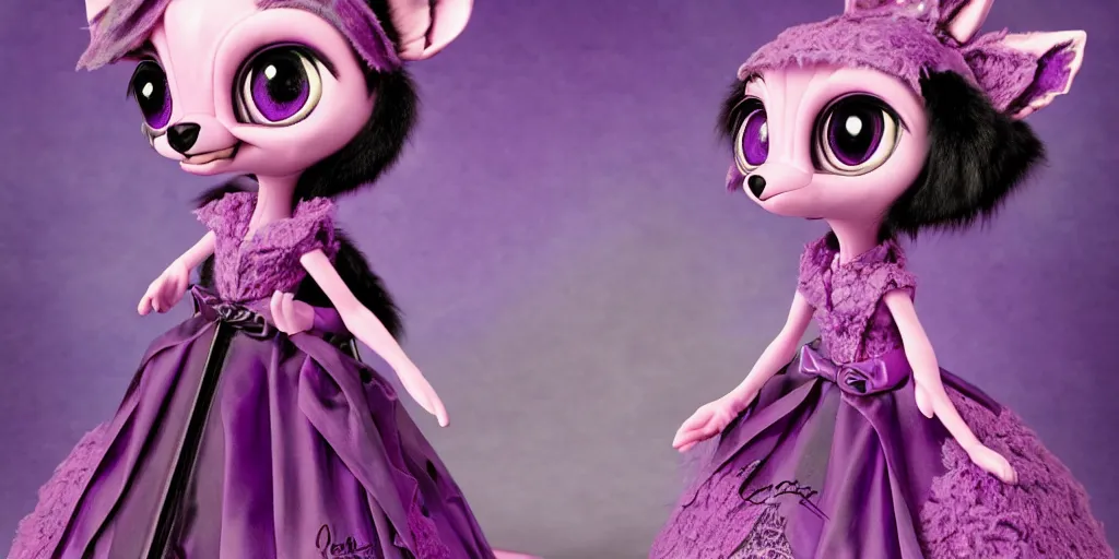 Image similar to 3 d purple littlest pet shop purple raccoon, vintage gothic gown, gumball machine, real fur, smiling, lace, master painter and art style of noel coypel, art of emile eisman - semenowsky, art of edouard bisson