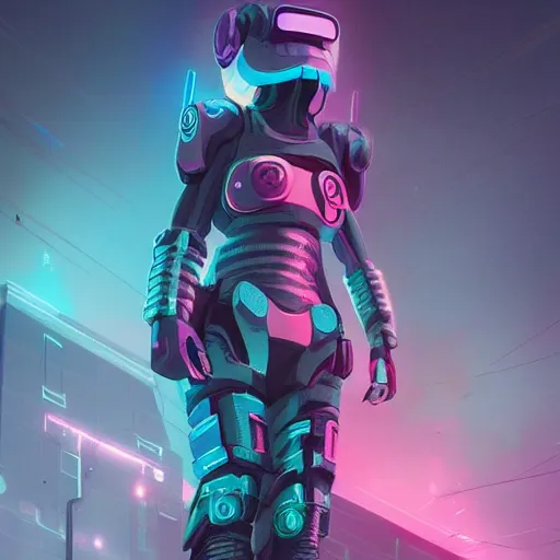 Image similar to cyberpunk concept cool warrior girl bot, galaxy, ufo, space sci - fi, wearing vr goggles, illustration, portrait, pastel neon textured background night, trending on artstation, greg rutkowski, octane rendered, 1 2 k, detailed,