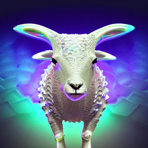 Image similar to a crystalline 3 d mandelbulb fractal in the shape of a lamb, bioluminescent opal, fractal, magnificent lighting, ethereal, ray tracing, octane, holographic, portrait