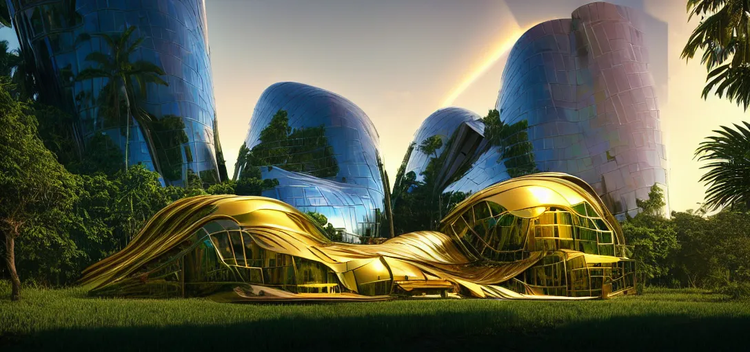 Image similar to futuristic shinny golden iridiscent mirror building in an jungle landscape of a biopunk city by frank gehry and zaha hadid, movie poster, golden ratio, evening lighting, film still, realistic, octane render redshift arnold materials unreal engine, 8 k post production, hyper detailed