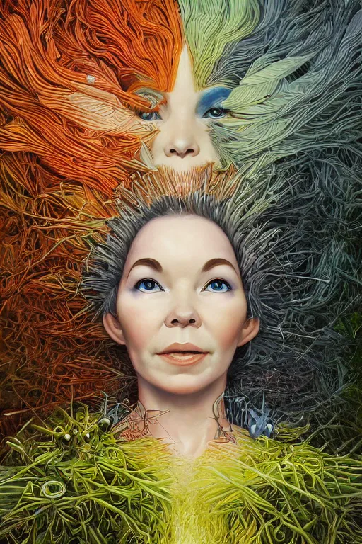 Image similar to 2 0 year old bjork portrait by hubert robert and lee madgwick and roger dean and jacek yerka, dan mumford and alex grey style, soft lighting, 4 k hd wallpaper illustration concept joy atmospheric lighting