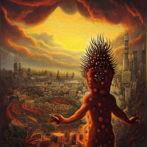 Image similar to A beautiful body art of a large, orange monster looming over a cityscape. The monster has several eyes and mouths, and its body is covered in spikes. It seems to be coming towards the viewer, who is looking up at it in fear. by John Frederick Kensett, by Jeremiah Ketner gloomy