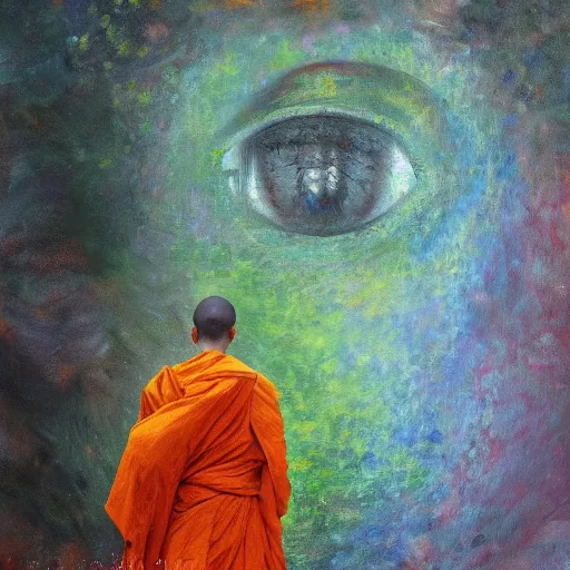 Prompt: an oil painting of consciousness becoming aware of itself as the formless ground of existence transcending the mundane appearance of a monk in flowing orange robes ultra high detail trending on artstation monet