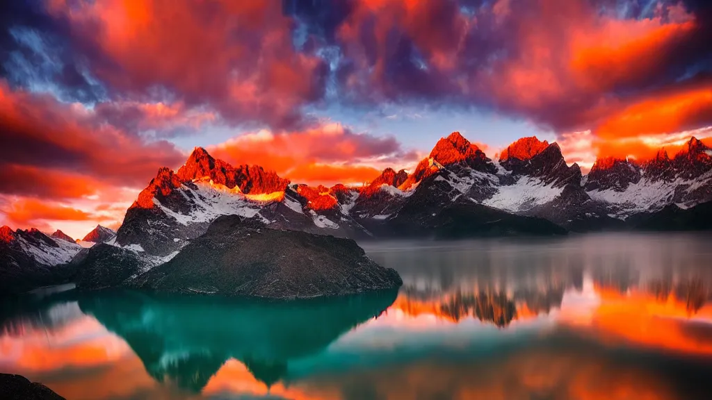 Image similar to amazing landscape photo of mountains with lake in sunset by marc adamus, beautiful dramatic lighting