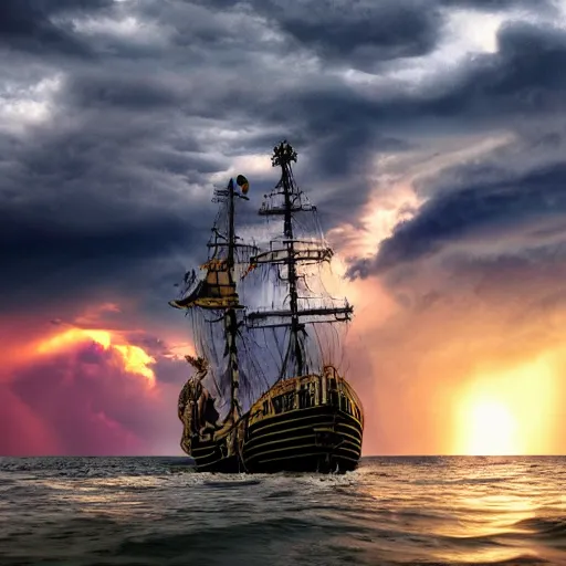 Image similar to a girl is pirate in a ship which is sailing in dark sea sky is dark blue and clouds and thunderstorms coming in far waves are big