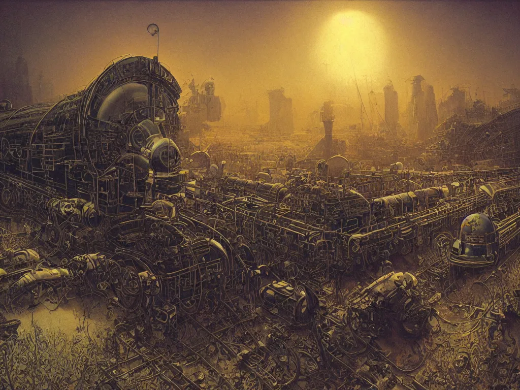 Prompt: solar-punk war train, vacuum tube-punk, electron tube-punk. 8k resolution concept art hyperdetailed trending on Artstation Unreal Engine hyperrealism psychedelic art synthetism. Futurism by beksinski carl spitzweg moebius and tuomas korpi. baroque elements. baroque element. intricate artwork by caravaggio