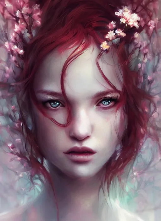 Prompt: a gorgeous flower princess portrait by WLOP, emerald green eyes, red hair, digital painting, beautiful lighting, ominous, cgsociety