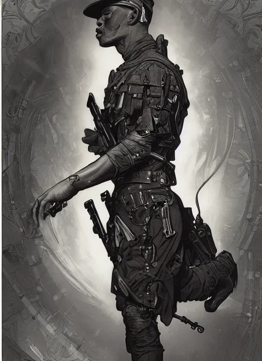 Prompt: detailed portrait of random soldier from different country, black and white color, dramatic, by alex ross, alphonse mucha, ayami kojima, moebius, amano, greg hildebrandt, and mark brooks, masculine, male, art nouveau, neo - gothic, gothic, character concept design, dynamic light, stylised illustration, disco elysium