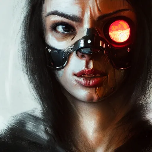 Image similar to closeup portrait of an angry woman looking at the camera and wearing a mask in the style of stefan kostic, realistic, cyberpunk, leather jacket, mask, nighttime, rain storm, body shot, sharp focus, 8 k high definition, insanely detailed, intricate, elegant, art by stanley lau and artgerm, floating embers