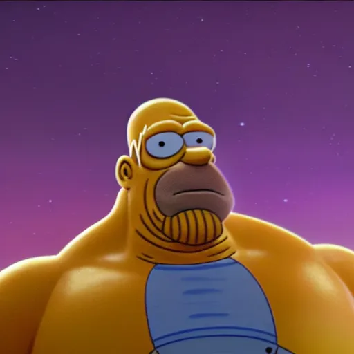 Image similar to CG Homer Simpson as Thanos, cinematic, 4K