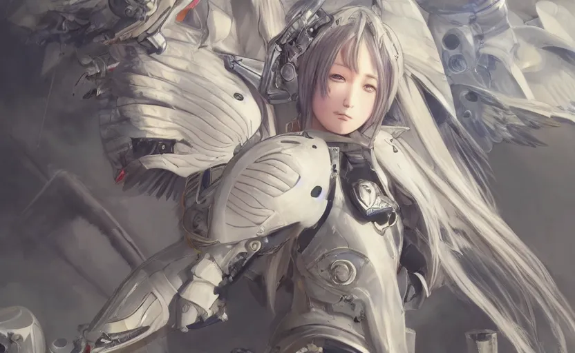 Image similar to mechanized valkyrie, anime style, konami concept art, vintage clothing, spread wings, twintails hair, hair down, symmetrical facial features, from arknights, hyper realistic, 4 k, rule of thirds, extreme detail, detailed drawing, trending artstation, hd, d & d, realistic lighting, by alphonse mucha, greg rutkowski