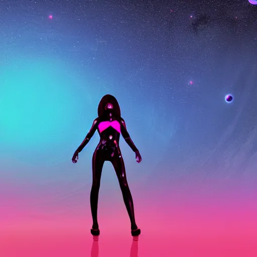 Image similar to A wide angle shot from below of a feminine body walking with swagger towards camera on mars in an infinite universe , synthwave digital art