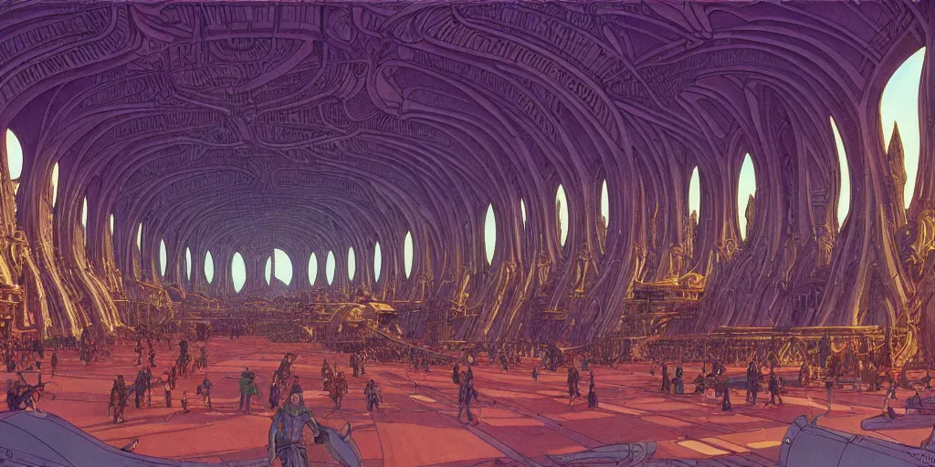 Image similar to cel shaded cinematic shot of the interior of a sci-fi space station with ornate Elven architecture bustling with people, epic castle, emerald, crystalline, detailed illustration, sharp focus, concept art by Moebius, Jean Giraud Moebius