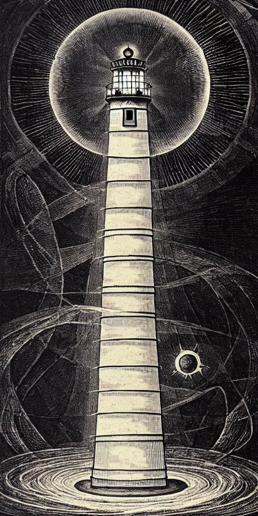 Image similar to an epic lighthouse radiates a unique canto'as above so below'while being ignited by the spirit of haeckel and robert fludd, breakthrough is iminent, glory be to the magic within, in honor of saturn, painted by ronny khalil