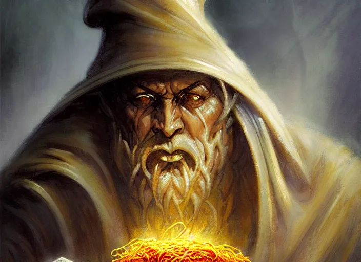 Prompt: magic : the gathering fantasy character concept art of the great pasta wizard by franz frazetta, high resolution. a clear portrait of powerful, mysterious wizard made out of noodles and pasta, flour and egg yolk magic fractals in background, fantasy coloring, intricate, digital painting, artstation, smooth, sharp focus