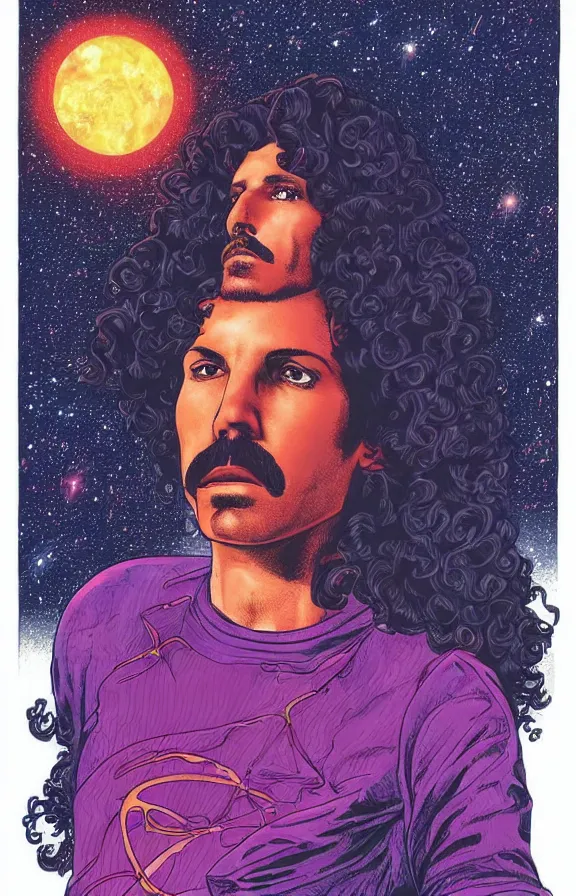 Image similar to freddy mercury with a beatiful long curly hair with a galactic background in the style of moebius